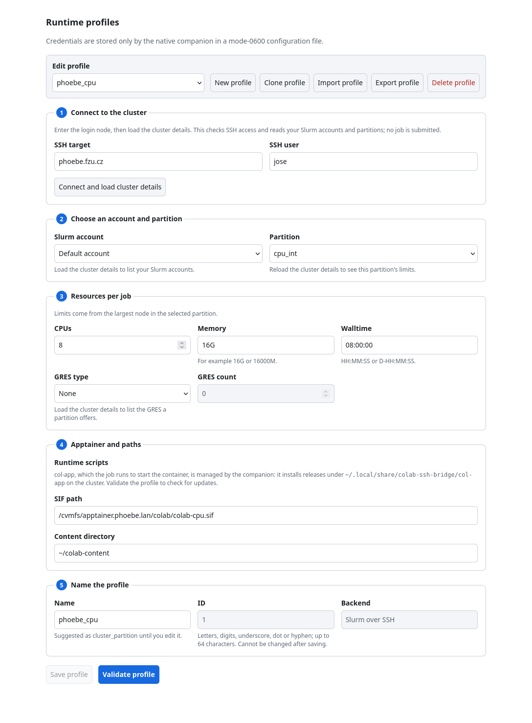 The Runtime profiles page with a saved phoebe_cpu profile: SSH target phoebe.fzu.cz, partition cpu_int, 8 CPUs, 16G memory, 08:00:00 walltime, SIF path on /cvmfs