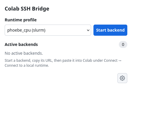 The toolbar popup with the runtime profile phoebe_cpu, a Start backend button, and no active backends
