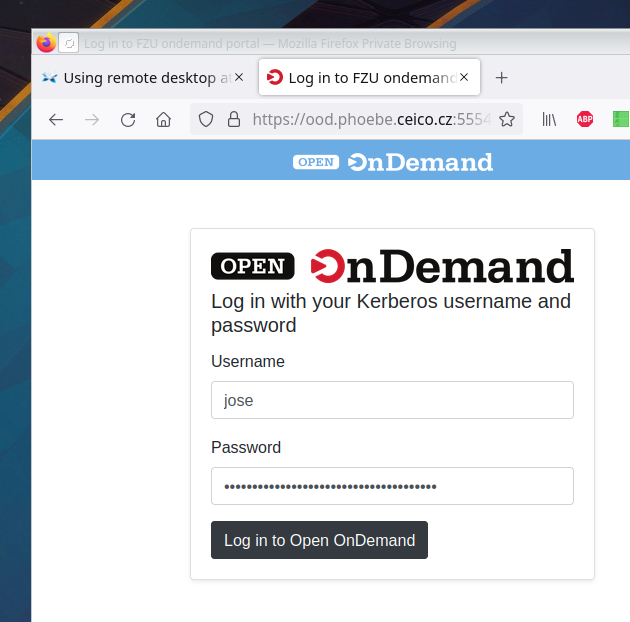 Open OnDemand login page asking for Kerberos username and password