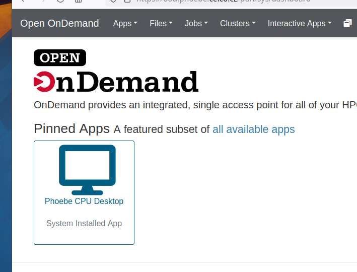 Open OnDemand dashboard with the Phoebe CPU Desktop app pinned