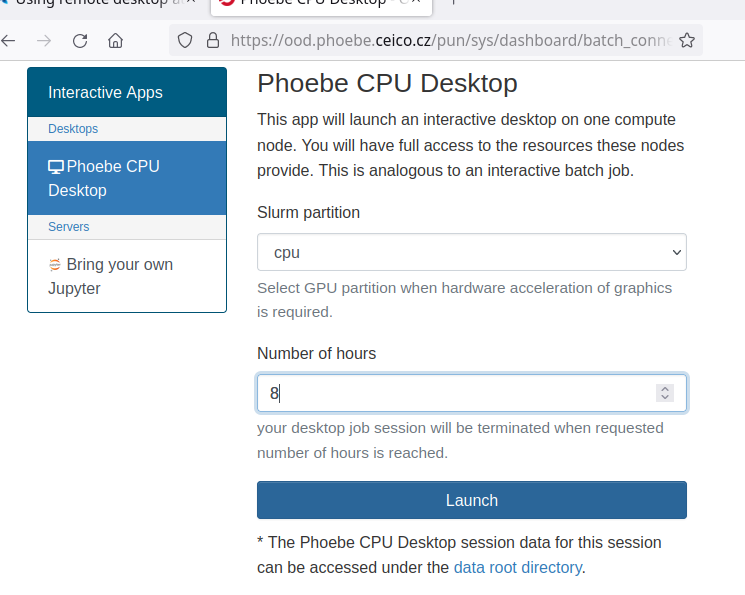 Phoebe CPU Desktop launch form with partition and number of hours