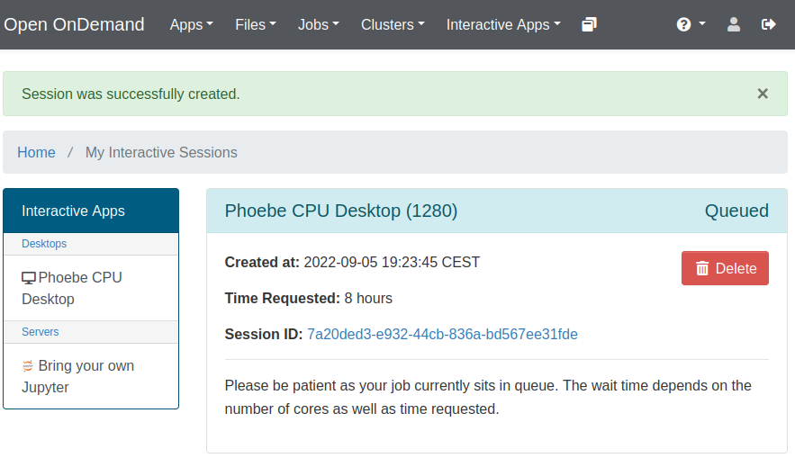 Desktop session card in the Queued state
