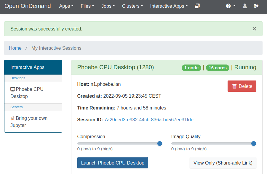 Desktop session card in the Running state with compression and image quality sliders