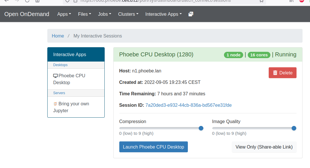 Running desktop session with the Launch Phoebe CPU Desktop button