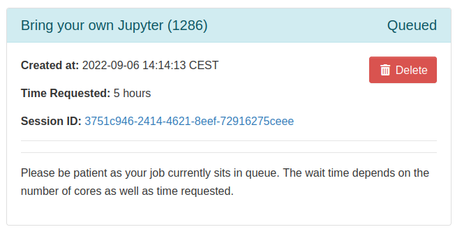 Jupyter session card in the Queued state