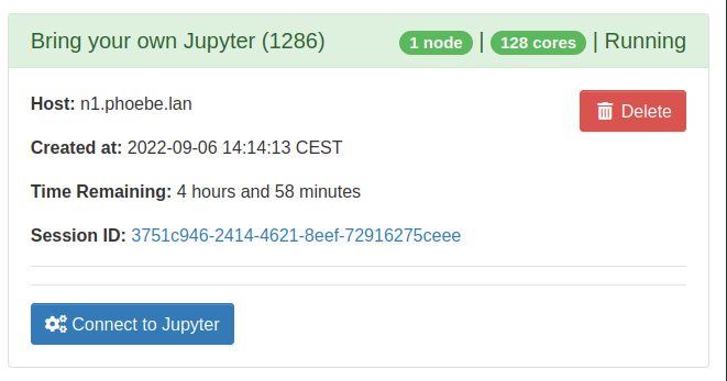 Jupyter session card in the Running state with the Connect to Jupyter button