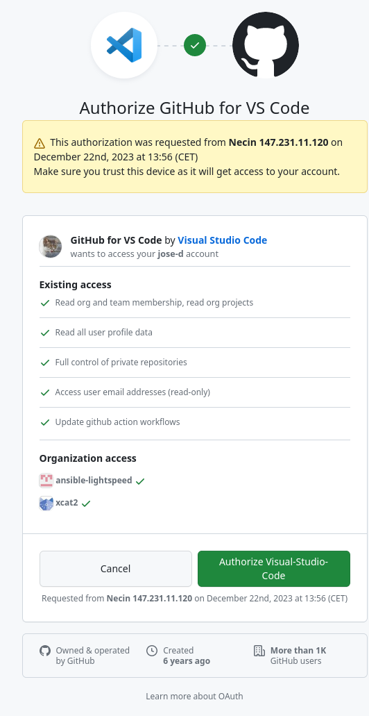 GitHub page asking to authorize GitHub for VS Code