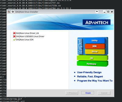 DAQNavi installer showing failed driver builds marked with a red X