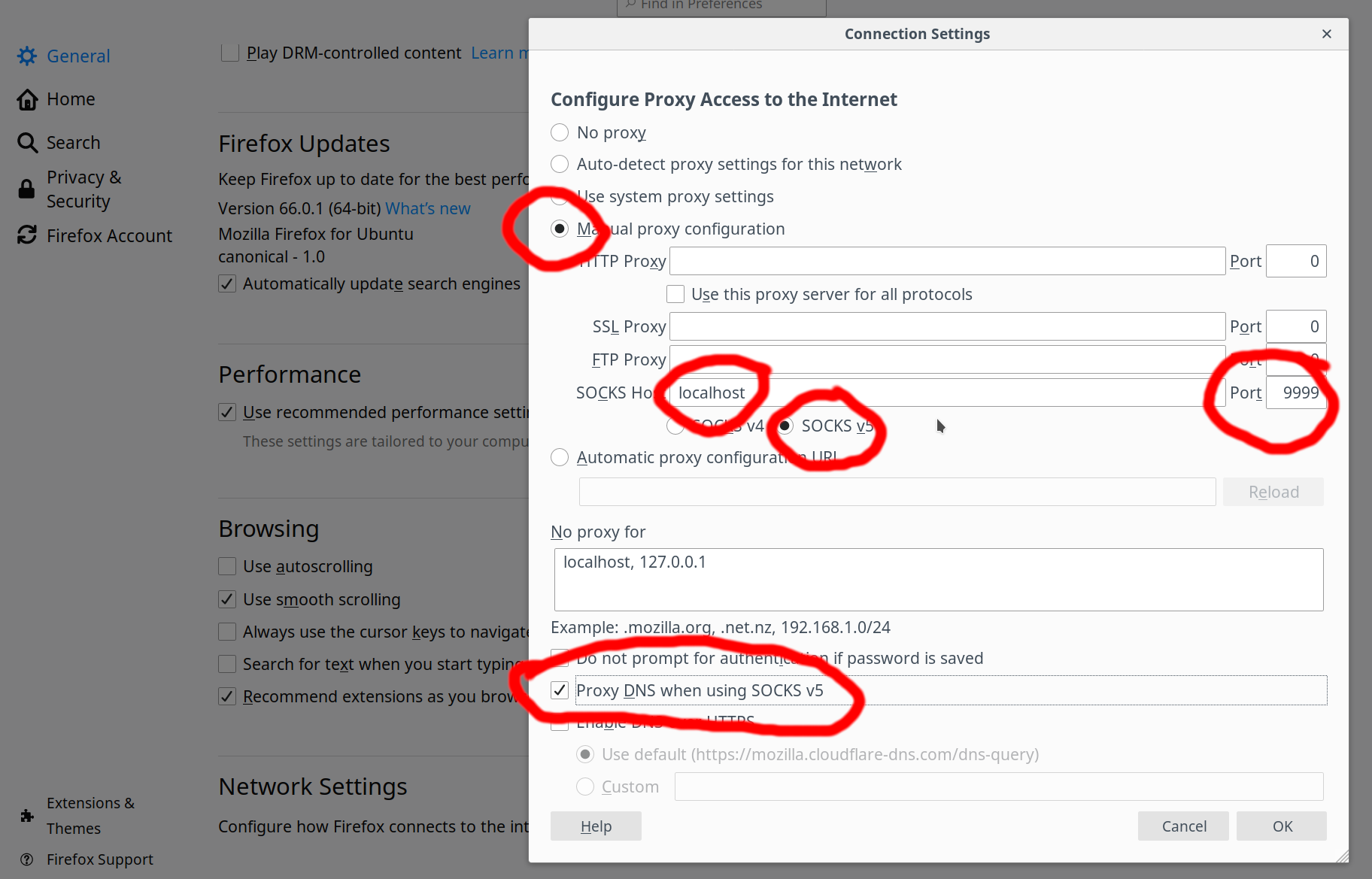 Firefox connection settings with a manual SOCKS5 proxy on localhost